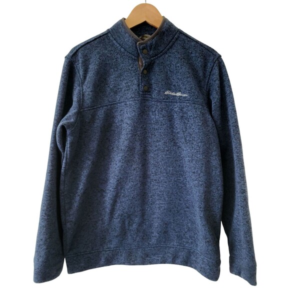 Eddie Bauer Mens Radiator Fleece Snap Front Pullover Sz L Navy Heather Mock Neck - Picture 1 of 9